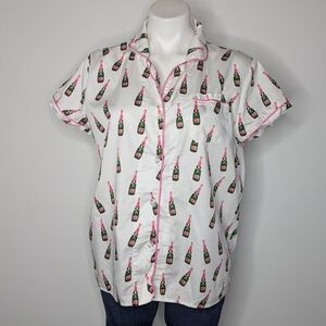 Toss Designs White Pink Green Champagne Bottle Button Down Pajama Top L